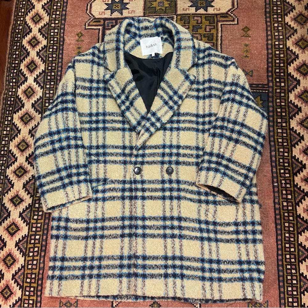 ba&sh Gus Blue and Cream Plaid Women’s Cocoon Coat